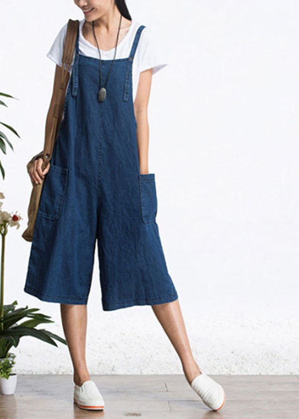 Organic Blue Pockets Color Cotton Denim Jumpsuits Wide Leg Pants Summer