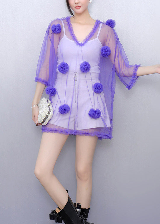 Art Purple V Neck Thin Tulle Tops Summer