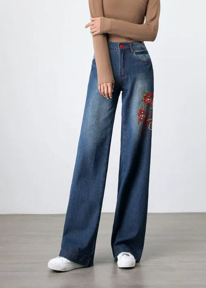 Retro Blue Embroideried Pockets Patchwork Denim Wide Leg Pants Spring