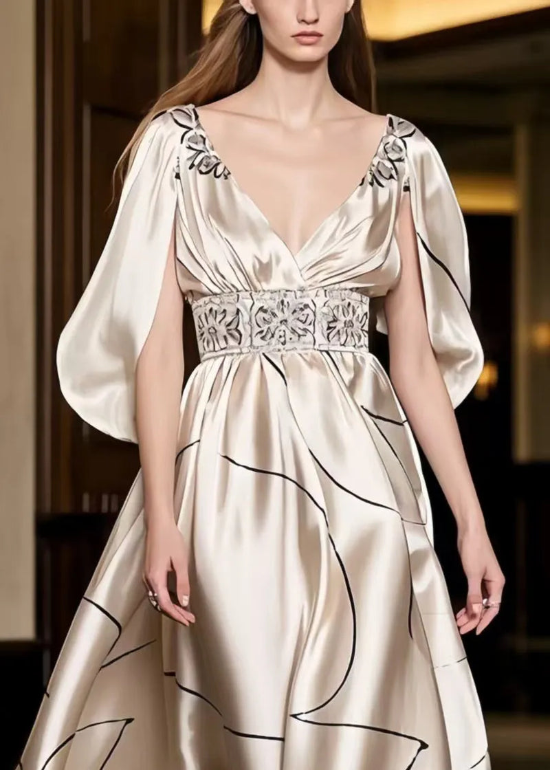 French Champagne Print Exra Large Hem Party Dress Cloak Sleeves