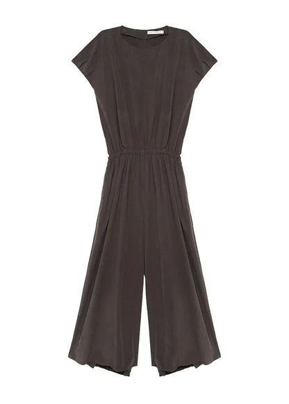 Organic Coffee O Neck Elastic Waist Linen Jumpsuit Summer