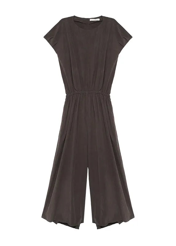 Organic Coffee O Neck Elastic Waist Linen Jumpsuit Summer