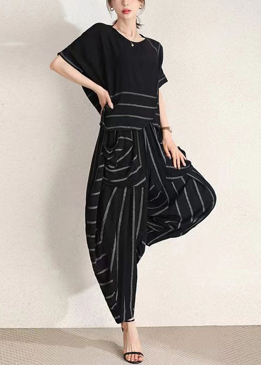 Black O-neck Wrinkled Striped Cotton Two-piece Set Summer