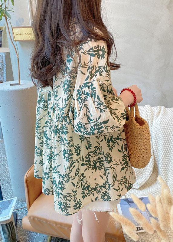 Green O Neck Print Wrinkled Cotton Blouse Tops Summer