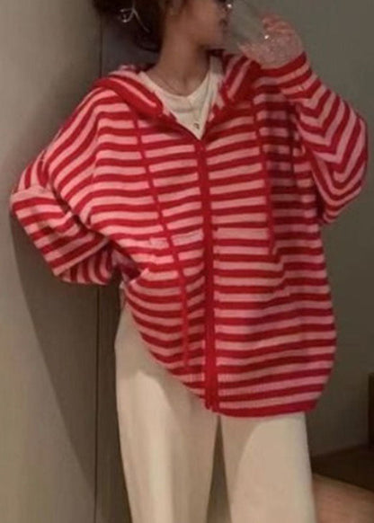 Red Zippered Wrinkled Striped Patchwork Cotton Knit Hoodies Coats Spring