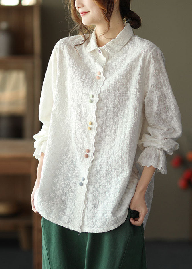 Classy White Peter Pan Collar Embroideried Cotton Shirts Top Long Sleeve