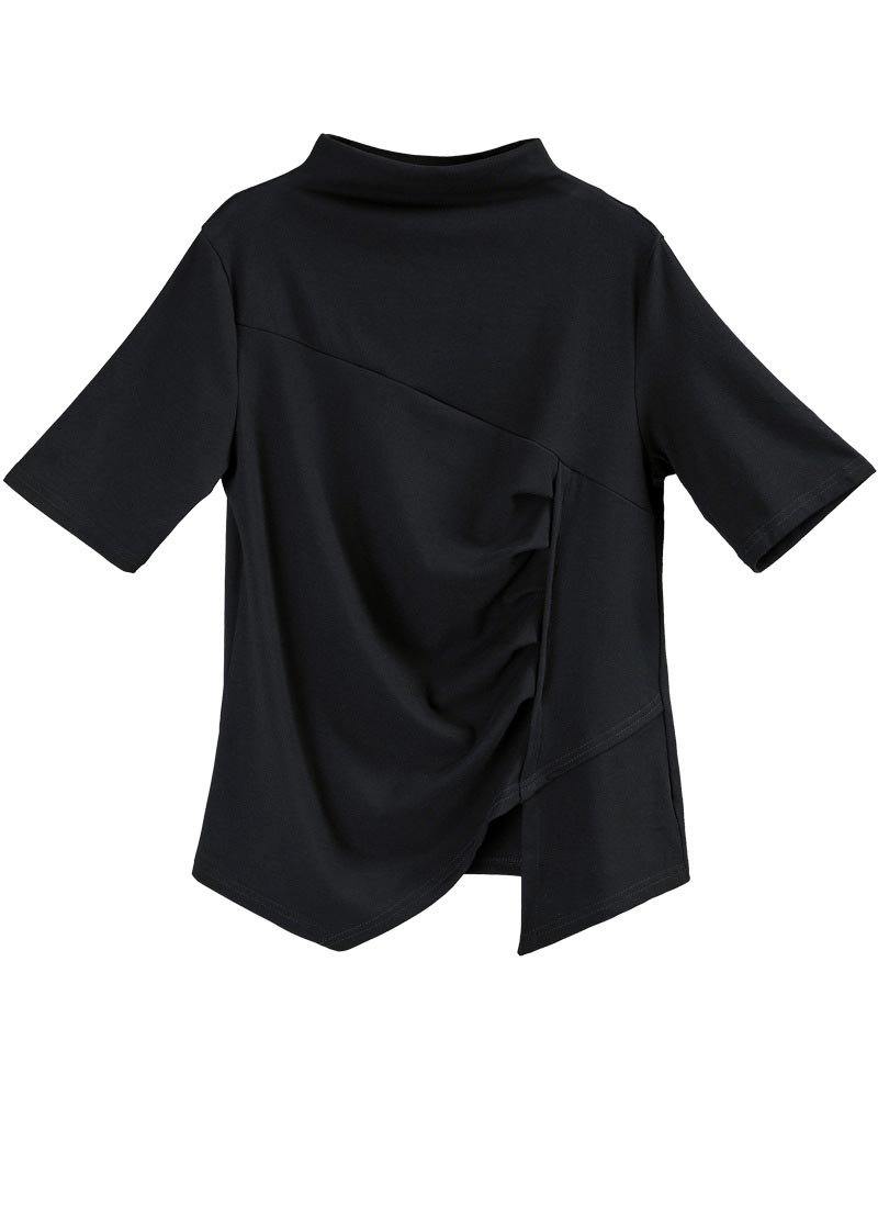 Classy Black High Neck Asymmetrical Design Cotton Tops Summer