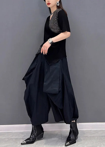 Art Black V Neck Sequins Patchwork Tanks and Wide Leg Pants Two Piece Set Summer
