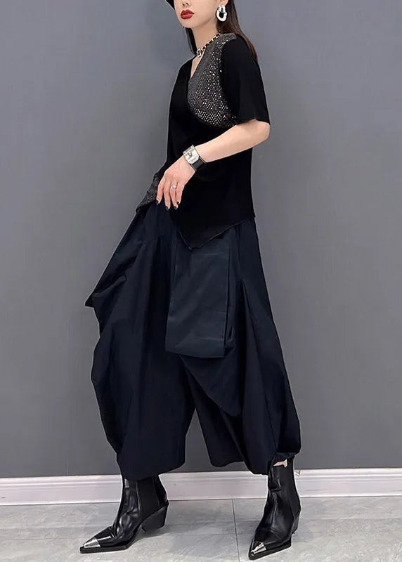 Art Black V Neck Sequins Patchwork Tanks and Wide Leg Pants Two Piece Set Summer