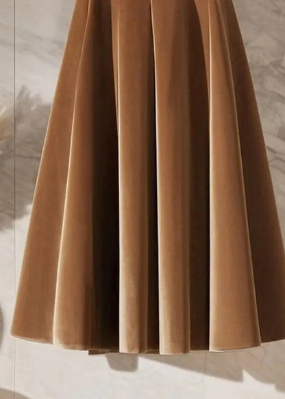 Coffee High Waist Sashes Silk Velvet Maxi Skirt Spring