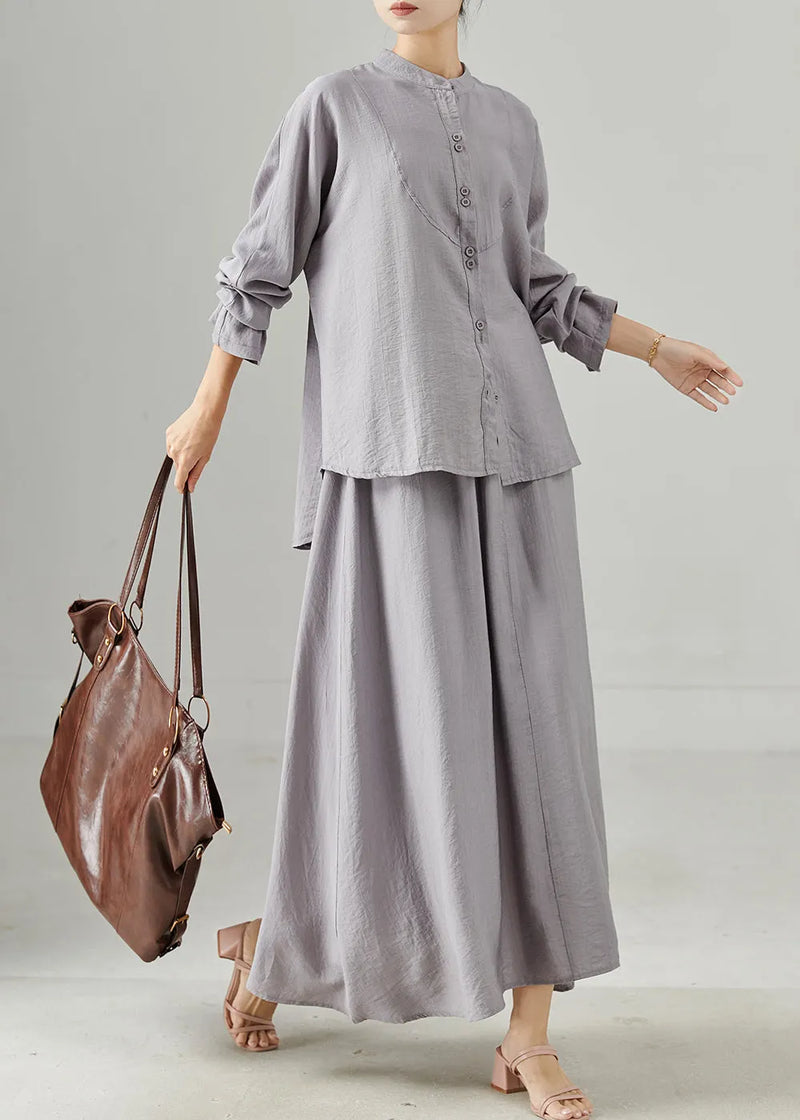 Grey Stand Collar Cotton Tops and Skirts Two Pieces Set Fall