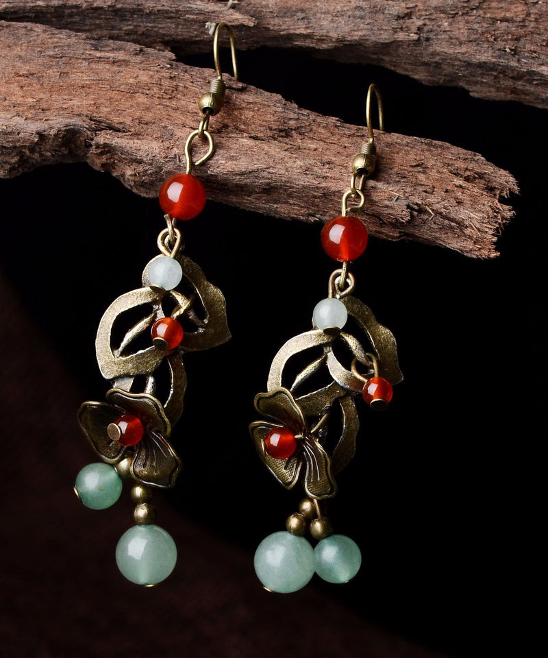 Copper Color Flower Fine Agate Metal Copper Drop Earrings