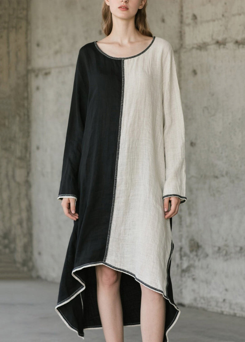 Art O-neck Asymmetrical Patchwork Cotton Maxi Dresses Spring