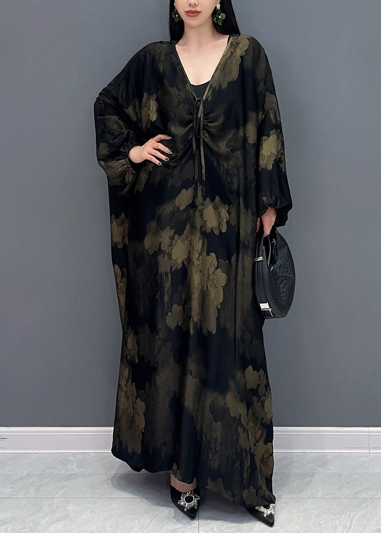 Black V Neck Print Holiday Maxi Dress Long Sleeve