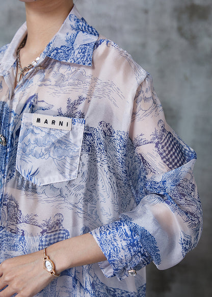 Blue Oversized Print Silk Upf 50+ Two Pieces Set Summer