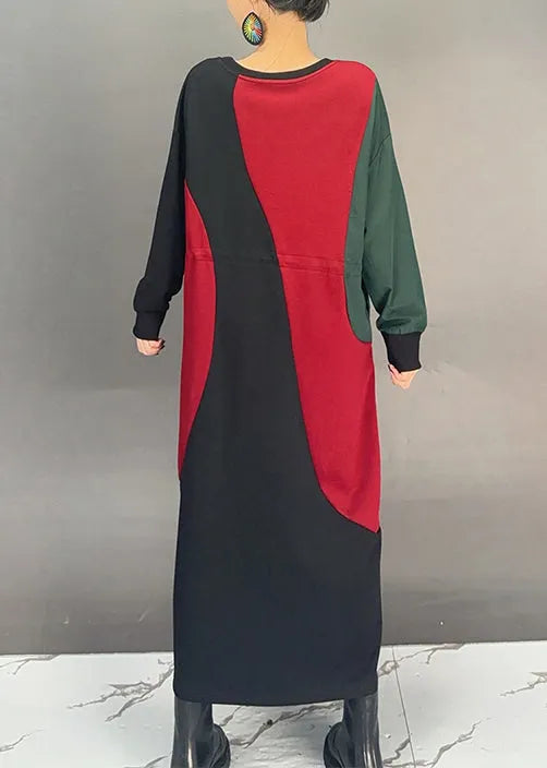 Colorblock O Neck Drawstring Cotton Dress Fall