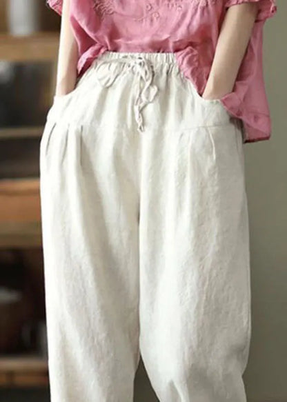 Beige Pockets Patchwork Linen Pants Elastic Waist Summer