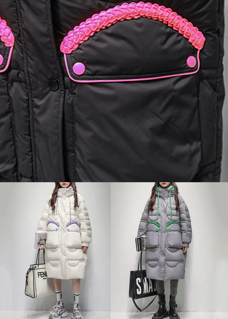 Loose Black Lace Up Pockets Patchwork Duck Down Puffer Coat Winter