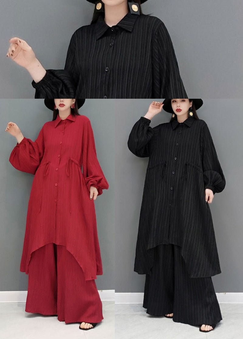 Style Black Drawstring Asymmetrical Cotton Long Shirt and Wide Leg Pants Two Pieces Set Spring