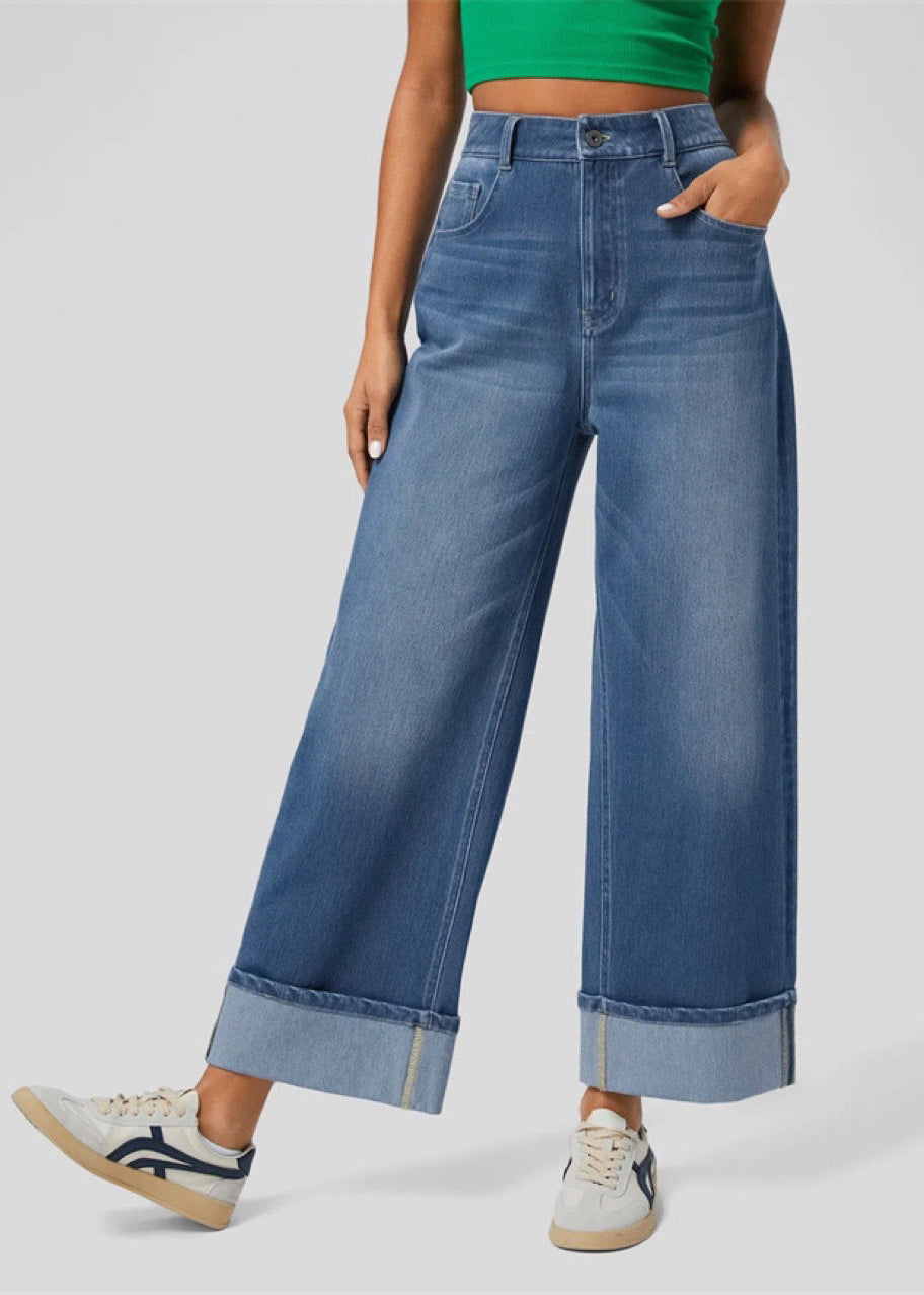 Blue Oversized Edge Curl Denim Straight Pants Summer