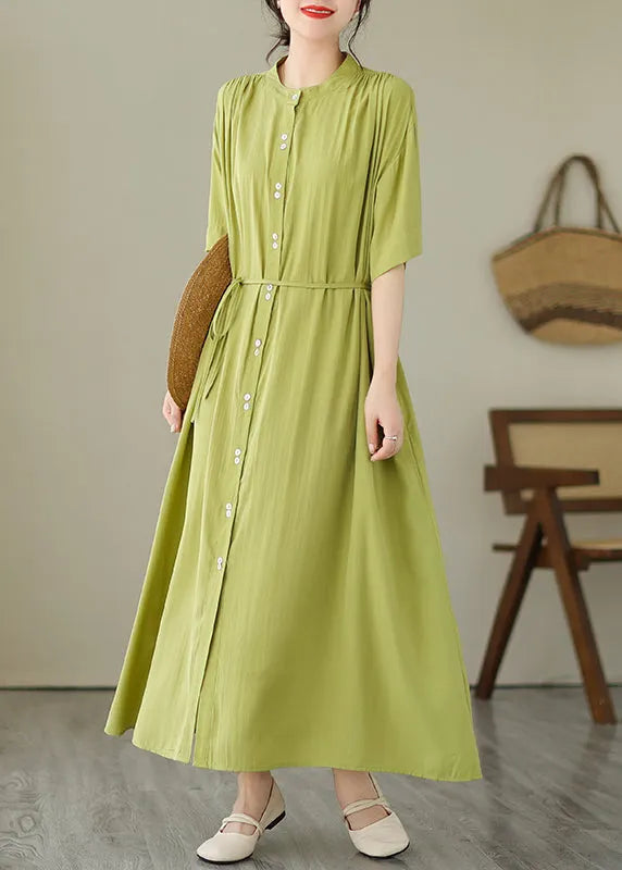 Green O-neck Button Maxi Dresses Summer