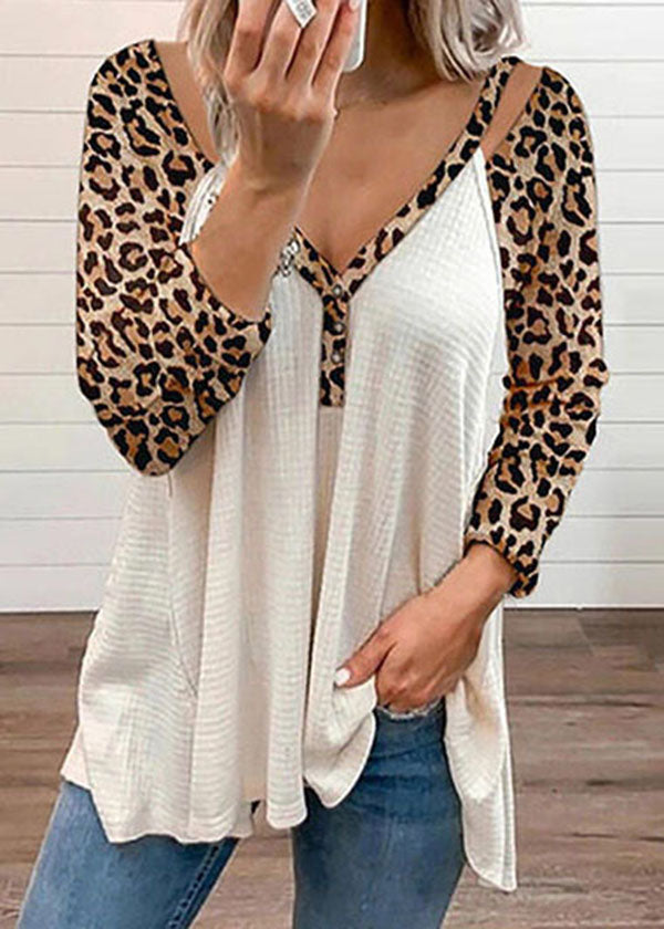Black V Neck Asymmetrical Design Patchwork Leopard Print Top Long Sleeve