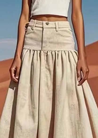 Khaki High Waist Patchwork Linen Skirts Summer