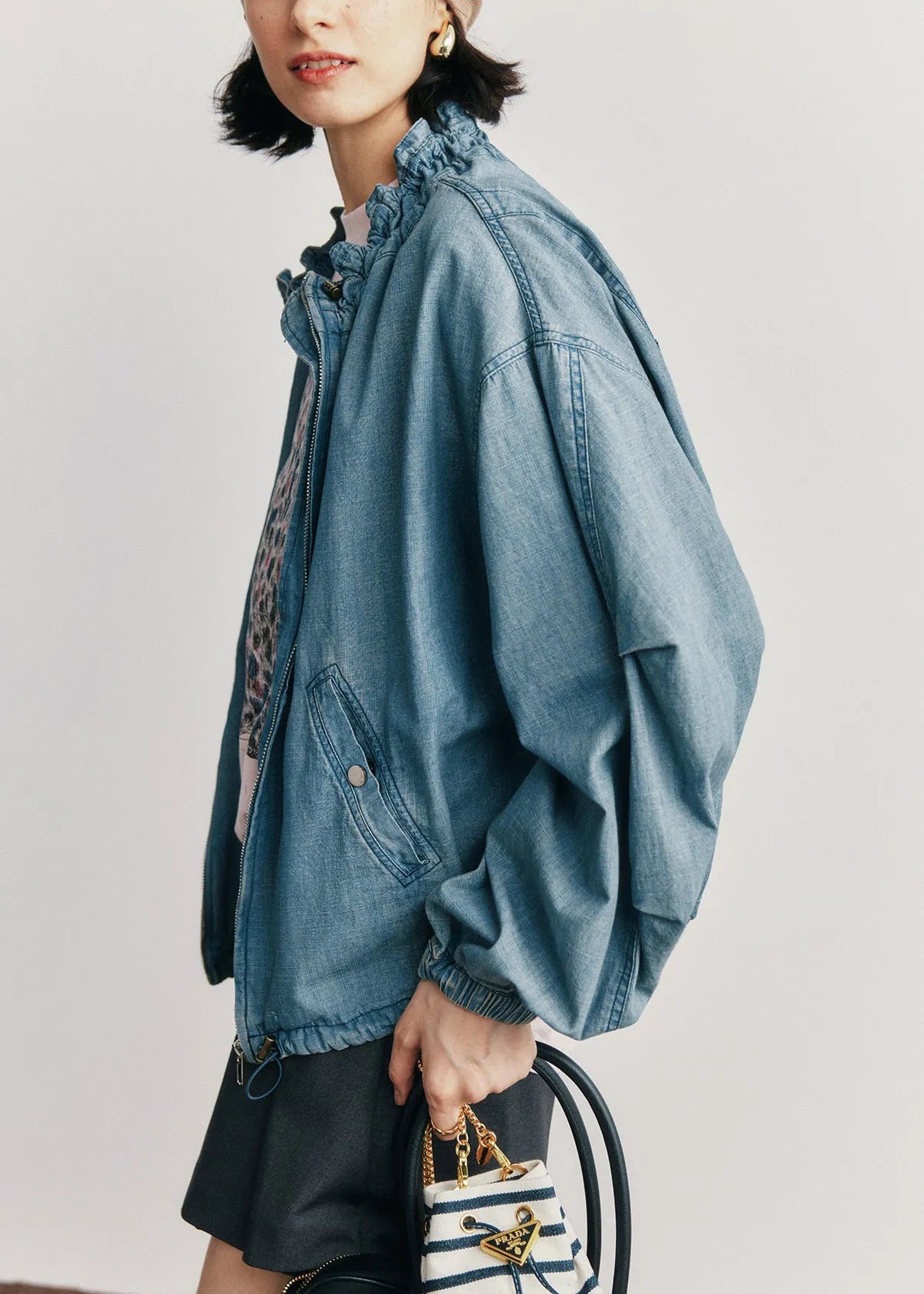 Blue Zip Up Ruffled Pockets Denim Jackets Fall