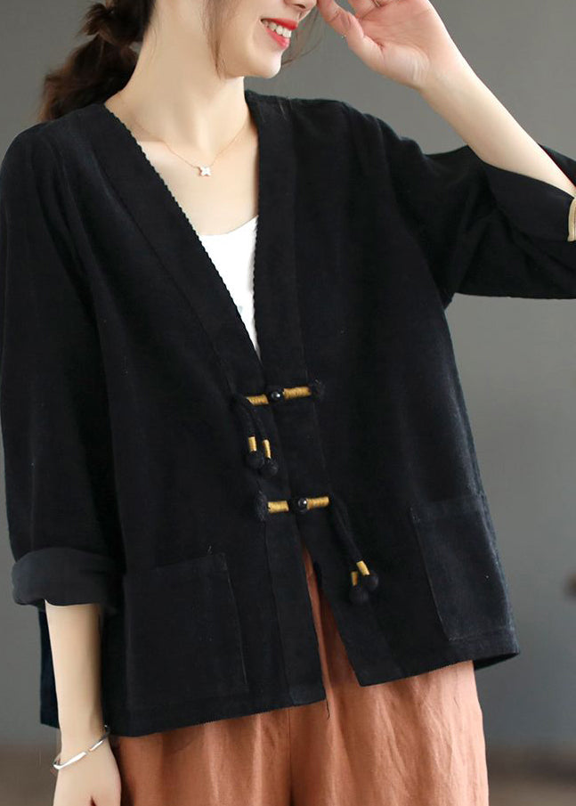 Black V Neck Tasseled Button Patchwork Corduroy Coat Fall