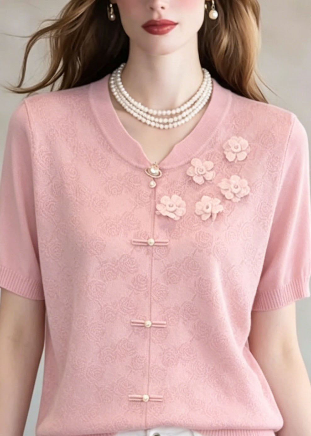 Unique Pink Jacquard Thin Knit Top Summer