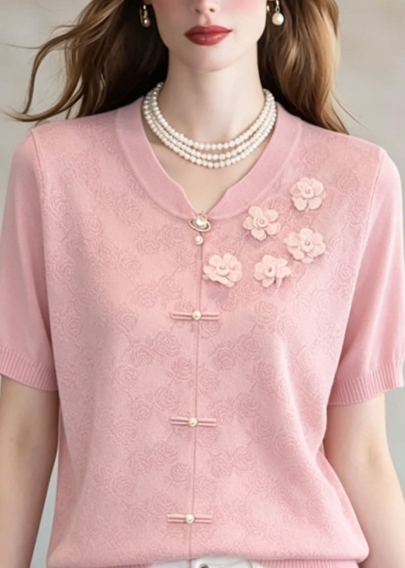 Unique Pink Jacquard Thin Knit Top Summer