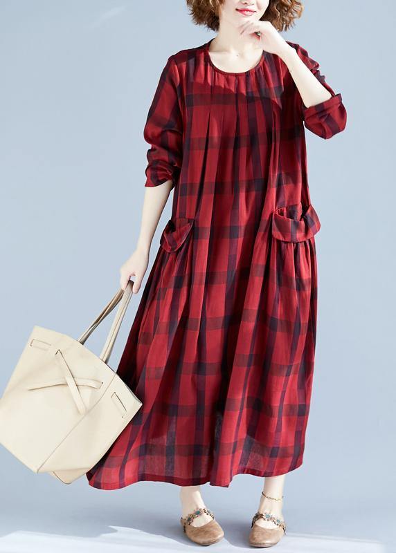 Vivid Red Plaid Tunics for O Neck Pockets Art Spring Dress