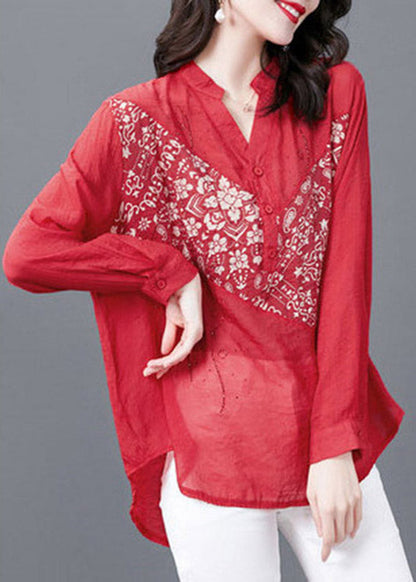 Red V Neck Print Button Diamonds Chiffon Tops Long Sleeve