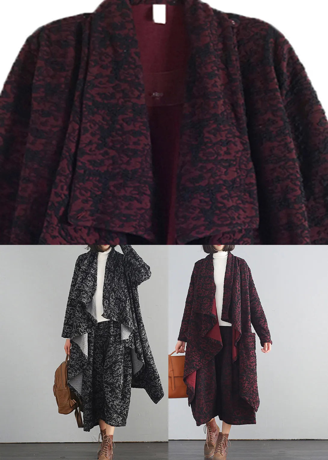 Modern Mulberry V Neck Print Trench Coats and Crop Pants Two Piece Set Fall