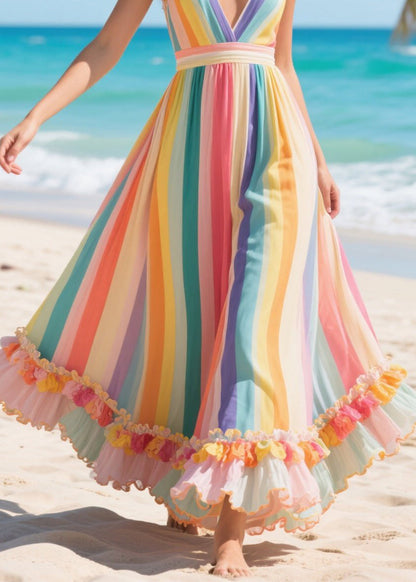 Rainbow Patchwork Exra Large Hem Silk Summer Beach Dress