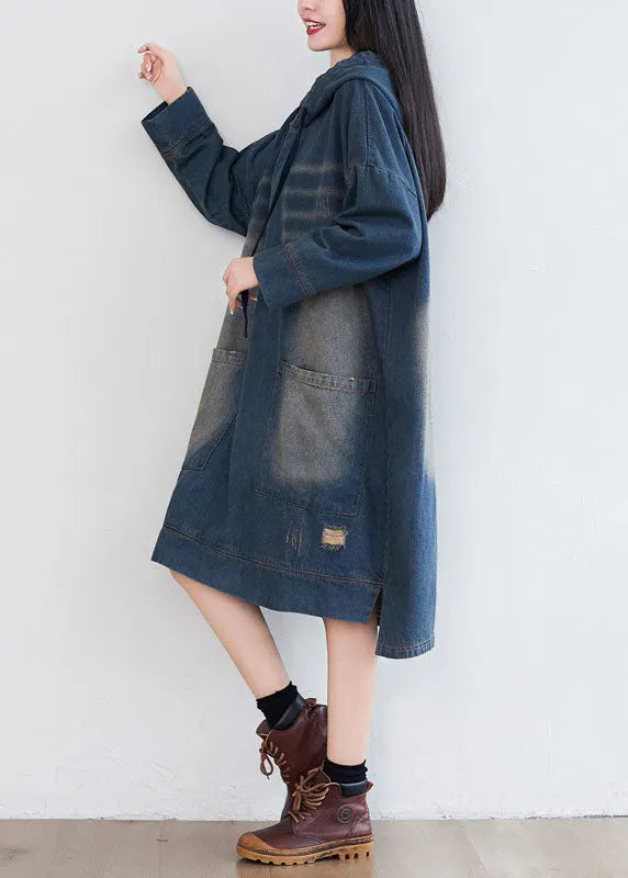 Navy Hooded Pockets Patchwork Denim Dresses Spring