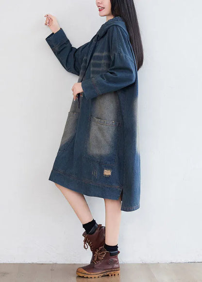 Navy Hooded Pockets Patchwork Denim Dresses Spring