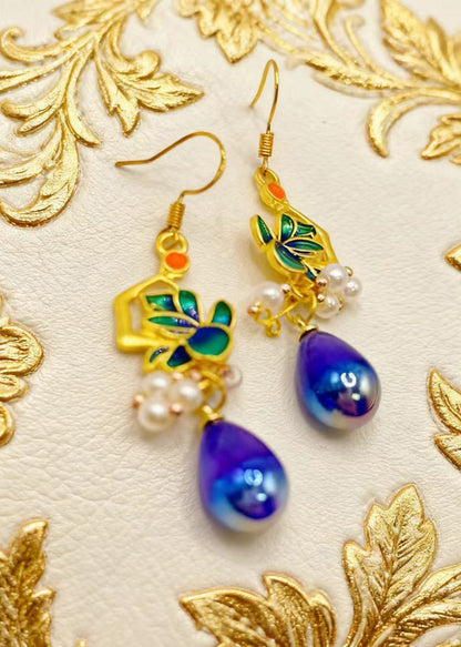 Peacock Blue Water Droplet Gem Stone Drop Earrings