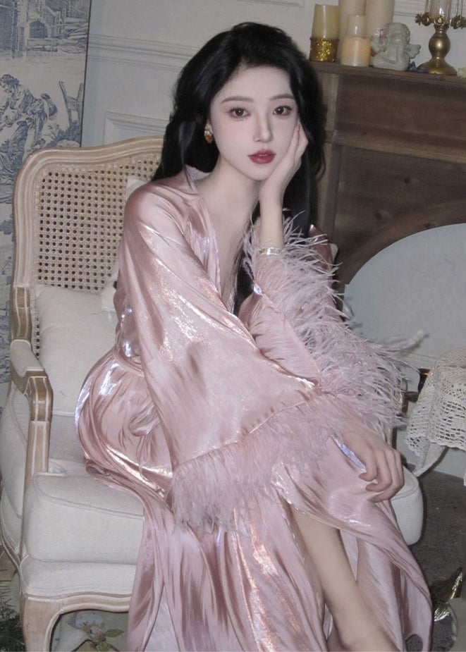 Pink V Neck Feather Patchwork Silk Dresses Long Sleeve