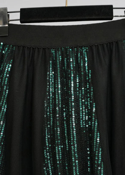 Blackish Green Sequins Patchwork Tulle Skirts Spring