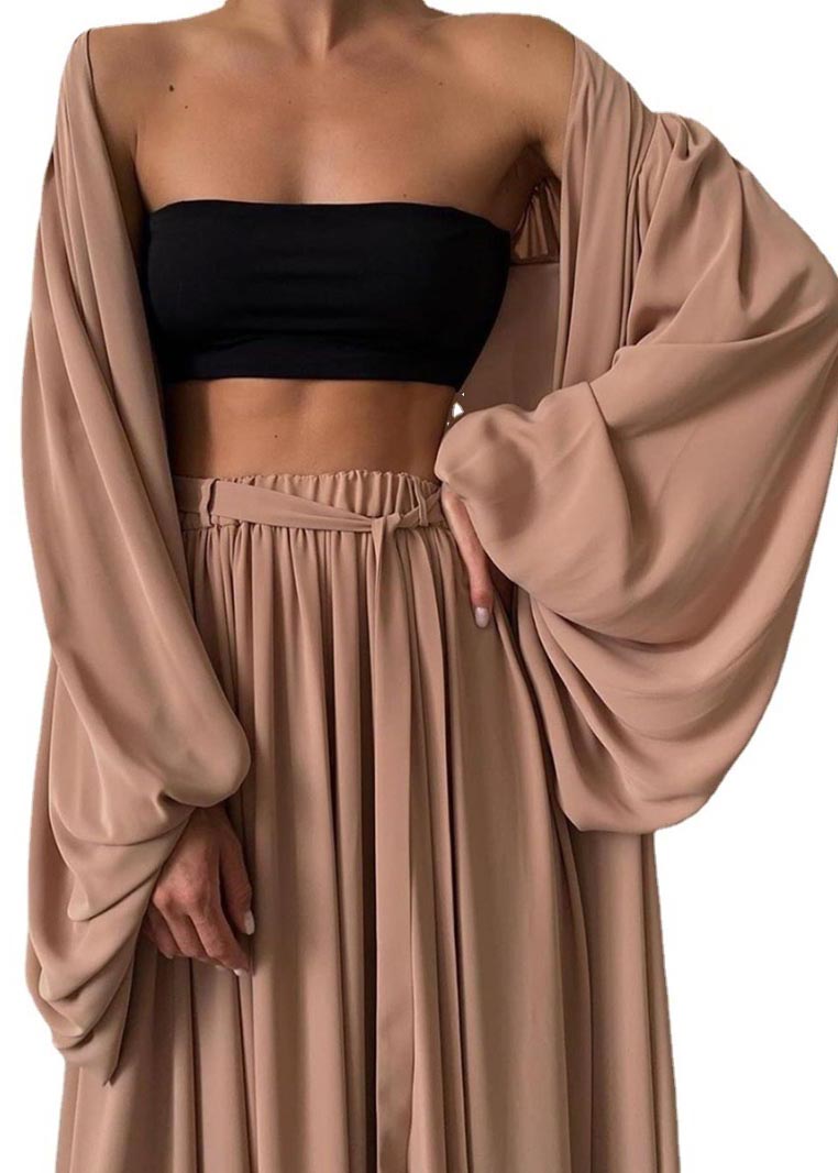 Khaki Oversized Chiffon Three Pieces Set Lantern Sleeve