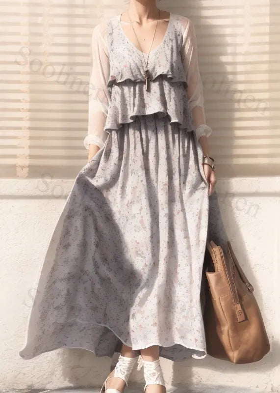 Apricot Print False Two Pieces Cotton Maxi Dresses Long Sleeve