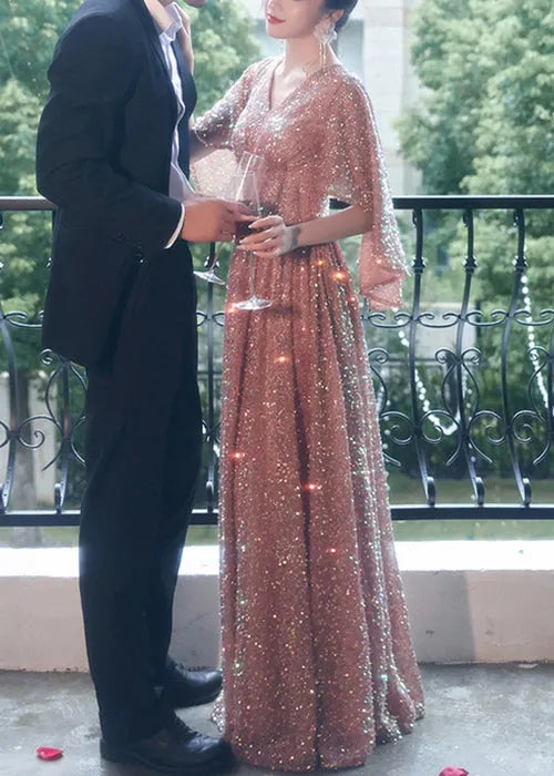 Dinner Pink V Neck High Waist Sequins Cotton Party Dress