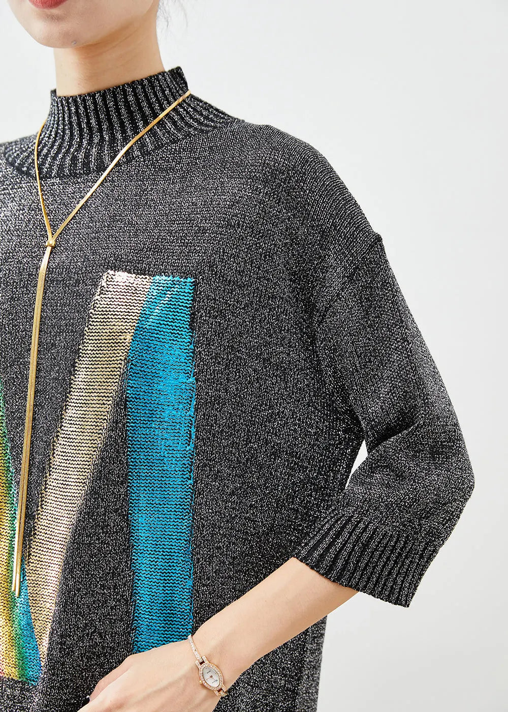 Grey Stand Collar Sequins Knit Sweater Dress Half Sleeve