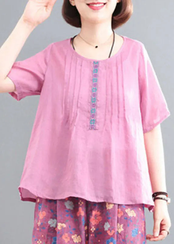 Pink Linen Tops and Pants Two Pieces Set Wrinkled Embroideried Short Sleeve