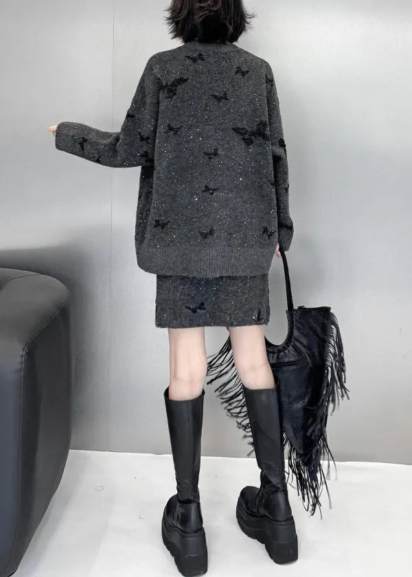 Loose Dark Gray Butterfly Sequins Sweaters and Skirts Knit Two Pieces Set