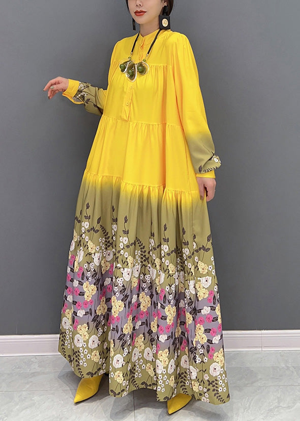 Yellow Stand Collar Print Patchwork Vacation Long Dresses Spring