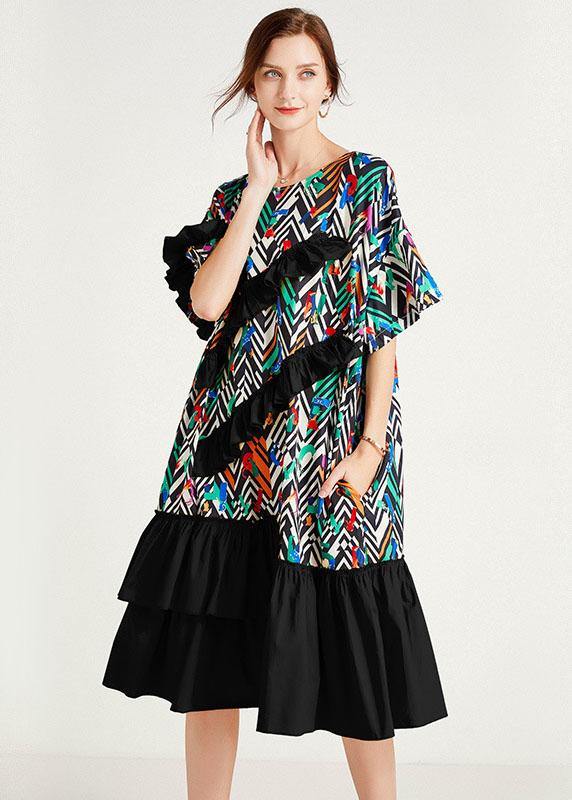 Fine Black Print O-neck Patchwork Summer Long Dresses