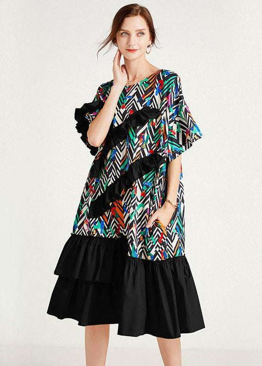 Fine Black Print O-neck Patchwork Summer Long Dresses