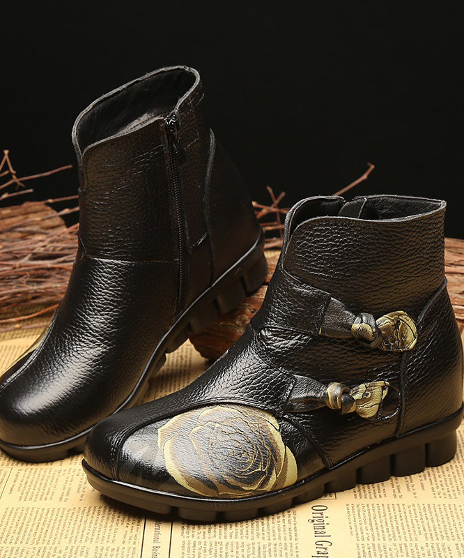 Splicing Flats Ankle Boots Black Cowhide Leather